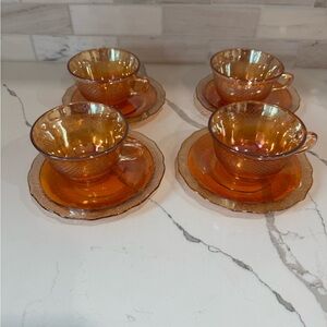Set of 4 Federal Glass Normandie Marigold Iridescent Tea Cups And Saucers